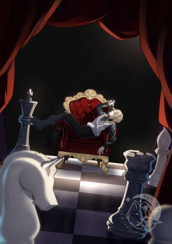 1boy absurdres black_background black_jacket blonde_hair board_game boots canaliya chair chess chess_piece chessboard commission curtains dramatic_lighting full_body green_eyes highres jacket king_(chess) knight_(chess) luxury male_focus necktie night night_sky original red_chair rook_(chess) shirt short_hair signature sitting sky slouching solo spotlight stage throne vgen_commission watermark white_shirt