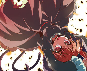 1girl akaneya animal_ears bad_id bad_pixiv_id cat_ears cat_girl cat_tail dutch_angle female_focus kaenbyou_rin solo tail tongue touhou upside-down white_background