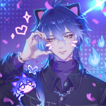 1boy alternate_costume animal_ears artist_name black_shirt blue_fire blue_hair blush_stickers bracelet breast_pocket buttons cat_ears chain closed_mouth collared_shirt commentary confetti empty_eyes english_commentary evee_(bingumon) fake_animal_ears fingernails fire flins_(genshin_impact) genshin_impact hair_between_eyes half-closed_eyes half-heart_hands hand_up heart highres jewelry lips long_hair long_sleeves looking_at_viewer male_focus nail_polish no_mouth pocket purple_background purple_nails purple_sweater ring shirt solo sparkle stage_lights sweater turtleneck turtleneck_sweater upper_body yellow_eyes