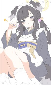 1girl alternate_costume animal_ears apron art_program_in_frame black_hair black_kimono blue_archive blue_eyes blue_nails blue_sash blunt_bangs blush bow bright_pupils closed_mouth commentary_request convenient_leg dog_ears dog_girl dog_tail enmaided feet_out_of_frame floppy_ears frilled_apron frills from_below hair_bobbles hair_ornament halo hand_up hibiki_(blue_archive) highres ibispaint_(medium) japanese_clothes kimono long_hair long_sleeves low_twintails maid maid_apron maid_headdress nail_polish paw_pose sash sidelocks simple_background sitting smile solo star_(symbol) tail twintails wa_maid wa_sumi white_apron white_background white_pupils wide_sleeves yellow_bow yellow_halo