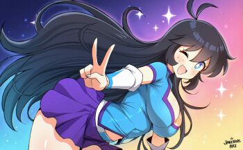 1girl ahoge antenna_hair artist_name black_hair blue_eyes blue_shirt blush breasts cleavage cleavage_cutout clothing_cutout colorful_background eyebrows_hidden_by_hair fang freckles gradient_background hair_between_eyes highres jarckius large_breasts long_hair looking_at_viewer one_eye_closed open_mouth original purple_skirt shirt skin_fang skirt sleeve_cuffs smile solo sparkle_background standing turtleneck turtleneck_shirt v very_long_hair wink yukihana_(jarckius)