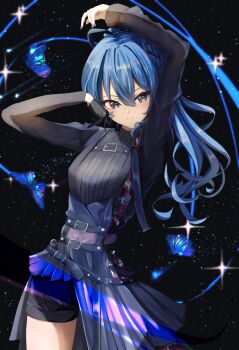 1girl arms_up black_gloves black_shirt black_shorts blue_eyes blue_hair bug butterfly chest_harness commentary_request cowboy_shot floral_print gloves hair_between_eyes harness highres hololive hoshimachi_suisei hoshimachi_suisei_(shout_in_crisis) insect long_hair long_sleeves looking_at_viewer official_alternate_costume overskirt sasai_tuki see-through_clothes see-through_midriff shirt shorts side_ponytail single_glove smile solo star_(sky) starry_sky_background turtleneck turtleneck_shirt virtual_youtuber waist_cape
