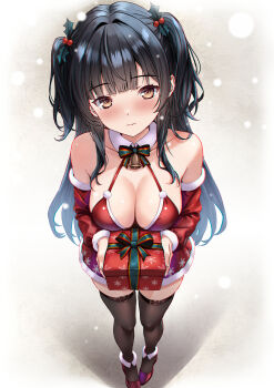 1girl 3: absurdres bell black_hair black_thighhighs blush bow bowtie box breasts brown_eyes buckle christmas cleavage closed_mouth collarbone commentary_request detached_sleeves dress from_above frown fur-trimmed_dress fur-trimmed_sleeves fur_collar fur_trim gift gift_box green_bow green_bowtie grey_background hair_ornament halter_dress halterneck highres holding holding_gift holly_hair_ornament large_breasts long_hair long_sleeves looking_at_viewer looking_up neck_bell original print_dress red_dress red_shoes sawwei005 shoes simple_background snowflake_print solo standing thighhighs two_side_up very_long_hair zettai_ryouiki