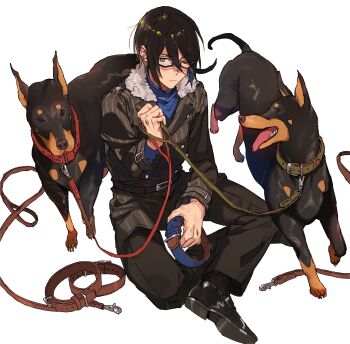 1boy absurdres animal_collar belt black-framed_eyewear black_belt black_coat black_hair black_pants black_shoes blue_eyes blue_sweater brown_collar closed_mouth coat collar commentary_request dobermann dog full_body fur-trimmed_coat fur_trim glasses green_collar hair_between_eyes highres holding holding_collar holding_leash idolmaster idolmaster_side-m leash looking_at_viewer male_focus nana_tetra one_eye_closed pants red_collar sakuraba_kaoru semi-rimless_eyewear shoes short_hair simple_background sitting solo striped_coat sweater turtleneck turtleneck_sweater vertical-striped_coat white_background