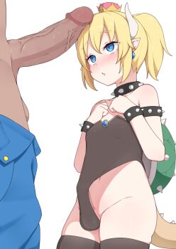 1boy arapi armlet belly blonde_hair blue_eyes bowsette breasts bulge choker collar crown decensored earrings erection erection_under_clothes genderswap genderswap_(ftm) horns jewelry mario_(series) nintendo penis_awe pointy_ears ponytail shota shy size_difference small_breasts super_crown super_mario_bros._1 tail third-party_edit trap turtle_shell uncensored wrist_cuffs yaoi