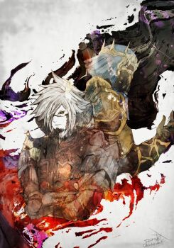 1boy 1other armor au_ra black_armor black_horns black_scales black_sclera colored_sclera commentary copyright_name crossed_arms final_fantasy final_fantasy_xiv fray_myste green_eyes grey_hair hair_over_one_eye horns ruka_(blueplus84) scales short_hair sidurgu_orl twitter_username