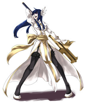 1girl alternate_color arm_behind_head back_bow black_thighhighs bow breasts commentary_request crosier cross cross_print dress feathered_wings frilled_thighhighs frills full_body garter_straps head_wings high_priest_(ragnarok_online) long_hair looking_afar medium_breasts open_mouth pelvic_curtain purple_eyes ragnarok_online sash shoes sidelocks simple_background smile solo thighhighs toriria white_background white_dress white_shoes white_wings wings yellow_sash