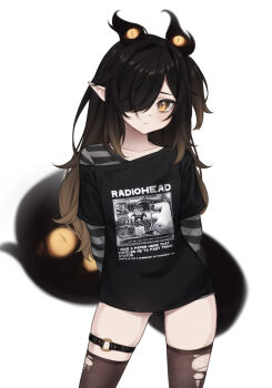 Rule 34 | 1girl, belt, black hair, black shirt, blush, brown eyes, brown thighhighs, closed mouth, clothes writing, demon girl, demon horns, demon tail, embarrassed, english text, flat chest, hair between eyes, highres, horns, long hair, looking at viewer, original, pointy ears, radiohead (band), remi (yenshuii), shirt, simple background, solo, striped clothes, striped shirt, tail, thigh belt, thigh strap, thighhighs, torn clothes, torn thighhighs, white background, yenshuii