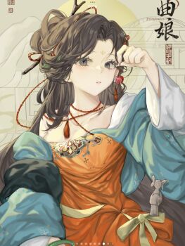 1girl aiyou_weiou black_eyes black_hair breasts character_name cherry chinese_clothes cleavage commentary_request dress facial_mark food forehead_mark fruit green_sleeves hair_branch hair_bun hand_up hanfu highres holding holding_food holding_fruit jiu_niangzi long_hair parted_lips red_dress reverse:1999 single_bare_shoulder solo statuette upper_body yellow_background