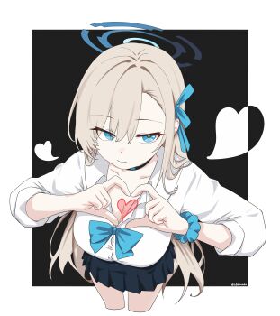 1girl 686panda absurdres asuna_(blue_archive) asuna_(school_uniform)_(blue_archive) black_skirt blonde_hair blue_archive blue_bow blue_bowtie blue_eyes blue_halo blue_scrunchie bow bowtie breasts cleavage collarbone four-finger_heart_hands hair_over_one_eye halo heart heart_hands highres large_breasts long_hair looking_at_viewer official_alternate_costume pleated_skirt school_uniform scrunchie shirt skirt sleeves_rolled_up solo thighs very_long_hair white_shirt wrist_scrunchie