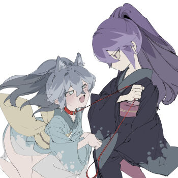 2girls animal_ear_fluff animal_ears black_kimono blue_eyes blue_hair blue_kimono collar commentary_request fang fubukihime high_ponytail highres holding holding_leash hyakkihime japanese_clothes kimono leash leash_pull long_hair looking_at_viewer multicolored_hair multiple_girls open_mouth paw_pose plosauq8q733113 ponytail purple_eyes purple_hair simple_background traditional_youkai two-tone_hair white_background youkai_(youkai_watch) youkai_watch yuki_onna
