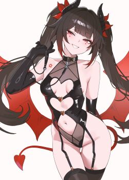 1girl absurdres alternate_costume arm_behind_back bare_shoulders belt_collar black_garter_straps black_gloves black_horns black_leotard black_thighhighs breasts brown_hair circle_facial_mark cleavage_cutout clothing_cutout collar commentary cutout_above_navel demon_horns demon_tail elbow_gloves flower_tattoo garter_straps gloves grin groin hair_intakes hair_ribbon halloween_costume hand_up highleg highleg_leotard highres holding_own_leash honkai:_star_rail honkai_(series) horns leotard long_hair looking_at_viewer low_wings mark_under_both_eyes medium_breasts navel nvl red_eyes red_ribbon red_tail red_wings ribbon shoulder_tattoo simple_background smile solo sparkle_(honkai:_star_rail) stomach stomach_cutout tail tattoo thigh_gap thighhighs thighs twintails white_background wings