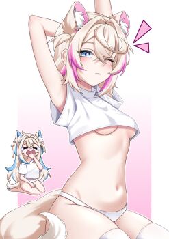 absurdres animal_ear_fluff animal_ears blonde_hair blue_eyes blush breasts closed_eyes commentary dog_ears dog_girl dog_tail english_commentary extra_ears fuwawa_abyssgard highres hololive hololive_english long_hair mikanskiy mococo_abyssgard morning multicolored_hair one_eye_closed panties short_hair short_twintails siblings signature sisters sitting streaked_hair stretching tail tearing_up thighhighs twins twintails underboob underwear virtual_youtuber waking_up white_panties white_thighhighs yawning