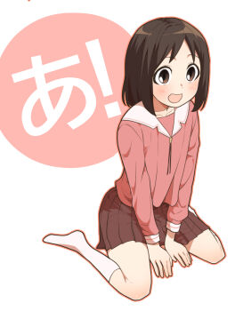 Rule 34 | 1girl, :d, absurdres, ajinayou, azumanga daioh's school uniform, azumanga daiou, brown eyes, brown hair, commentary request, highres, kasuga ayumu, kneehighs, long sleeves, open mouth, pink shirt, red skirt, school uniform, serafuku, shirt, short hair, simple background, sitting, skirt, smile, socks, solo, translation request, wariza, white background, white socks, winter uniform