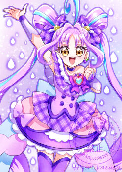 Rule 34 | 1girl, absurdres, ahoge, aqua hair, arm up, blue hair, bow, brooch, choker, collarbone, commentary request, cure kyunkyun, dress, gloves, hair ornament, half gloves, headset, heart, heart brooch, highres, idol heart incom, jewelry, kazusa hiyori, kimi to idol precure, long hair, looking at viewer, magical girl, multicolored hair, off-shoulder dress, off shoulder, open mouth, plaid bow, plaid clothes, plaid skirt, precure, purple background, purple bow, purple choker, purple dress, purple gloves, purple hair, purple thighhighs, shigure kokoro, skirt, solo, streaked hair, thighhighs, twintails, two side up, watermark, yellow eyes, zettai ryouiki