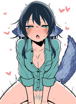 animal_ears black_hair blue_eyes blue_fur blush bottomless collared_shirt cowgirl_position cum cum_in_pussy ejaculation fang girl_on_top heart highres internal_cumshot light_smile looking_at_another necktie ogami_tsumiki ogami_tsumiki_to_ki_nichijou open_mouth partially_unbuttoned pocket sbeve2004 sex shirt simple_background smile straddling sweat tail trembling vaginal variant_set white_background wolf_ears wolf_girl wolf_tail