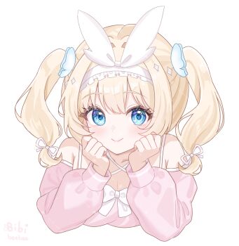 Rule 34 | 1girl, absurdres, bare shoulders, bibixart, blonde hair, blue eyes, blush, bow, breasts, cleavage, closed mouth, collarbone, commission, copyright request, cropped torso, detached sleeves, hair intakes, highres, long sleeves, medium breasts, pink shirt, pink sleeves, puffy long sleeves, puffy sleeves, shirt, simple background, smile, solo, twintails, upper body, virtual youtuber, white background, white bow