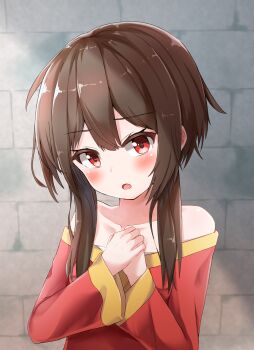 1girl :o bare_shoulders blush brown_hair collarbone commentary_request dress flat_chest hair_between_eyes highres kono_subarashii_sekai_ni_shukufuku_wo! long_sleeves looking_at_viewer megumin own_hands_together red_dress red_eyes revision shishou_(doragyurosu) short_hair short_hair_with_long_locks sidelocks solo stone_wall upper_body
