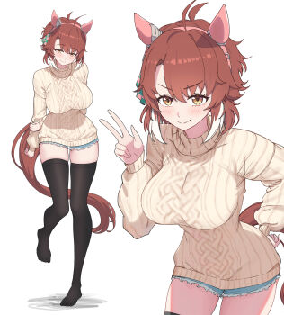 1girl absurdres ahoge animal_ears black_thighhighs blush bow breasts brown_eyes brown_hair checkered_ribbon closed_mouth commentary_request dantsu_flame_(umamusume) denim denim_shorts ear_covers ear_ornament ear_ribbon hair_between_eyes headband highres horse_ears horse_girl horse_tail large_breasts long_sleeves looking_at_viewer multicolored_hair pink_headband shorts simple_background smile sweater tail take978733141 thighhighs umamusume w white_background white_hair white_sweater