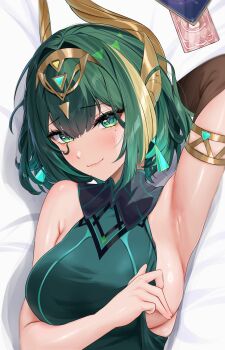 1girl absurdres arm_up armpits bed_sheet blush breasts closed_mouth genshin_impact green_eyes green_hair green_shirt highres large_breasts looking_at_viewer mark_under_eye mole mole_under_eye nefer_(genshin_impact) presenting_armpit shirt short_hair sideboob smile solo symbol-shaped_pupils triangle-shaped_pupils upper_body yonbajai