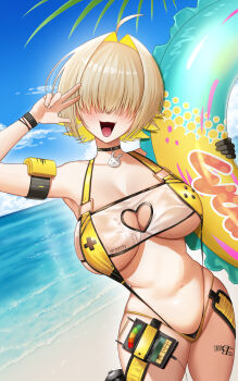 1girl :d absurdres ahoge beach black_choker blonde_hair blue_sky breasts choker cleavage cleavage_cutout clothing_cutout cloud controller curvy day elegg_(boom_and_shock)_(nikke) elegg_(nikke) fang gloves goddess_of_victory:_nikke hair_intakes hair_over_eyes haru3yang heart_cutout highres holding holding_swim_ring innertube large_breasts navel ocean official_alternate_costume open_mouth outdoors remote_control short_hair single_glove sky slingshot_swimsuit smile solo stomach suspenders swim_ring swimsuit w yellow_slingshot_swimsuit