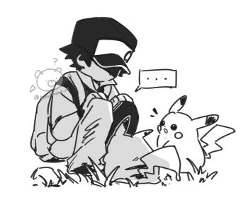 ... 1boy amesuupu backpack bag baseball_cap collared_shirt gen_1_pokemon greyscale hands_on_own_knees hat male_focus monochrome nintendo notice_lines open_mouth pants pikachu pokemon pokemon_(creature) red_(pokemon) shirt simple_background speech_bubble spoken_ellipsis squatting white_background