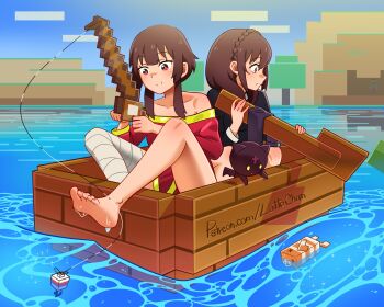 2girls artist_name bandaged_leg bandages barefoot black_shirt boat braid brown_hair chomusuke collarbone crown_braid day dress fish fishing fishing_rod highres holding holding_fishing_rod kono_subarashii_sekai_ni_shukufuku_wo! lattochan long_sleeves megumin minecraft multiple_girls outdoors red_dress red_eyes shirt smile watercraft yunyun_(konosuba)