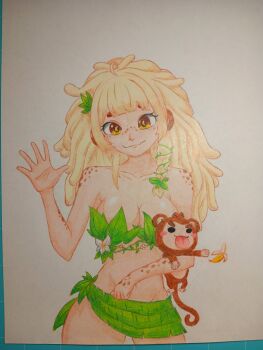 1girl animal_ears banana bananajuju blonde_hair body_freckles brown_eyes dreadlocks food freckles fruit highres indie_virtual_youtuber leaf_bra leaf_skirt long_hair looking_at_viewer monkey monkey_ears monkey_girl photo_(medium) plant_clothing solo traditional_media ttt1521583 virtual_youtuber waving white_background