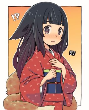 !? 1girl alternate_hair_length alternate_hairstyle animal_ears blush brown_eyes ears_down fox_ears fox_girl fox_tail japanese_clothes kimono kitsune kukuri_(mawaru) long_hair long_sleeves looking_at_viewer mawaru_(mawaru) nose_blush obi original parted_lips red_kimono sash solo tail wide_sleeves