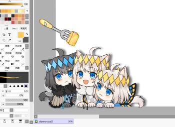 Rule 34 | 3boys, :3, animal ears, black hair, blue eyes, butterfly wings, cape, cat boy, cat ears, cat tail, chibi, chinese text, crown, fang, fate/grand order, fate (series), food, fork, happy, insect wings, multiple boys, multiple persona, oberon (fate), oberon (first ascension) (fate), oberon (second ascension) (fate), open mouth, painttool sai, painttool sai (medium), tail, uncleko5, white hair, wings