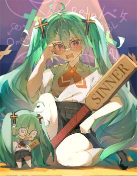 1girl adjusting_eyewear agaaru_chan ahoge aqua_hair artist_name black_shoes blush coke-bottle_glasses commentary confessions_of_a_rotten_girl_(vocaloid) cross cross_hair_ornament english_commentary english_text glasses hair_between_eyes hair_ornament hand_up hatsune_miku highres long_hair looking_at_viewer mars_symbol on_floor open_mouth paddle purple_eyes red_cross_tie shirt shoes short_sleeves skirt socks spotlight sweat twintails very_long_hair vocaloid white_shirt white_socks wing_collar