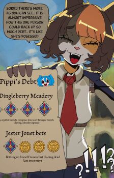 !? 1girl absurdres animal_ears basedbinkie belt cash_(basedbinkie) cat_ears cat_girl chivalry_starved closed_eyes coat coat_on_shoulders commentary debt dress_shirt english_commentary english_text highres multicolored_hair necktie open_mouth original outdoors pippi_panini_(basedbinkie) red_necktie shirt speech_bubble two-tone_hair