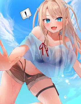 ! 1girl :d absurdres all_fours bare_shoulders bikini bikini_under_clothes black_bikini blonde_hair blue_eyes blue_sky blue_streaks blush breasts brown_shorts cloud cropped_shirt fang festa11307070 flower from_below hair_flower hair_ornament halterneck highres large_breasts legs_apart long_hair long_sidelocks looking_at_viewer multi-strapped_bikini_bottom multicolored_hair navel off_shoulder open_clothes open_mouth open_shorts original outdoors outstretched_arm parted_bangs see-through_clothes see-through_shirt shirt short_shorts short_sleeves shorts sidelocks skin_fang skindentation sky smile solo spoken_exclamation_mark streaked_hair string_bikini swimsuit t-shirt thigh_strap two_side_up v-shaped_eyebrows wet white_shirt