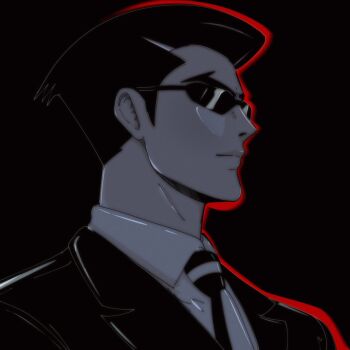 1boy black_background closed_mouth collared_shirt expressionless greyscale highres long_sleeves looking_ahead male_focus mature_male megadeus_mommy monochrome necktie portrait roger_smith shirt short_hair sideburns simple_background solo spot_color striped_clothes sunglasses the_big_o vertical-striped_clothes vertical-striped_necktie