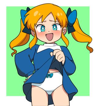 1girl blue_bow blue_dress blue_eyes blush bow bow_panties clothes_lift crotch_seam dress dress_lift green_background hair_bow hand_on_own_hip loli long_hair long_sleeves looking_at_viewer navel open_mouth orange_hair original panties sidelocks smile standing twintails underwear white_panties yume_yoroi