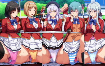 6+girls aqua_hair black_hair blazer blonde_hair blue_panties breasts brown_hair commentary_request cup daiaru dildo dildo_under_clothes dildo_under_panties female_ejaculation grey_hair hairband hat horikita_suzune ibuki_mio ichinose_honami_(youjitsu) jacket karuizawa_kei kushida_kikyou large_breasts long_hair medium_breasts medium_hair multiple_girls object_insertion outdoors panties people pink_eyes pink_panties pleated_skirt ponytail purple_eyes pussy_juice red_eyes red_jacket sakayanagi_arisu satou_maya school_uniform sex_toy shiina_hiyori shinohara_satsuki shirt short_hair sitting skirt small_breasts smile striped_clothes striped_panties table teacup underwear vaginal vaginal_object_insertion vibrator vibrator_under_clothes vibrator_under_panties white_hairband white_panties white_shirt white_skirt yellow_panties youkoso_jitsuryoku_shijou_shugi_no_kyoushitsu_e