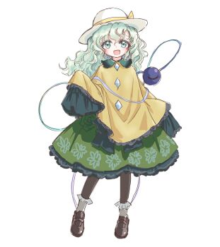 1girl black_leggings blush collared_shirt commentary_request dress green_dress green_eyes green_hair hand_up hat hat_ribbon komeiji_koishi leggings looking_at_viewer open_mouth ribbon s-a-murai shirt solo third_eye touhou white_hat yellow_ribbon