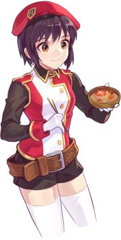 1girl artist_request badge belt belt_buckle beret black_shirt black_shorts black_sleeves bowl breasts brown_belt brown_hair buckle buttons chopsticks closed_mouth collared_shirt cropped_legs food gloves gold_buttons hat holding holding_bowl holding_chopsticks ispin_charles jacket large_belt legs_apart medium_breasts medium_hair military_hat military_uniform mushroom nexon official_art plain_epaulettes red_hat red_jacket second-party_source shiitake shirt shorts simple_background sleeve_cuffs smile solo soup split_mouth tales_weaver thighhighs transparent_background white_gloves white_jacket white_thighhighs wing_collar yellow_eyes yellow_trim