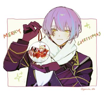 2boys alternate_hairstyle commentary_request english_text facial_tattoo ganada_404 glass_ornament gloves hat highres kamishiro_rui korean_commentary layered_clothes merry_christmas multiple_boys official_alternate_hairstyle project_sekai santa_costume santa_hat scarf sleigh tattoo tenma_tsukasa watermark white_background white_scarf