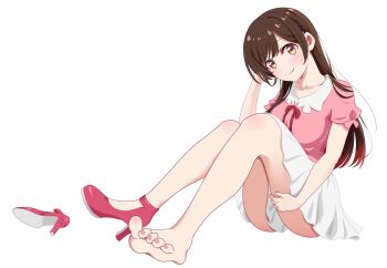 1girl bare_legs breasts brown_hair closed_mouth collarbone collared_shirt commentary contrast_collar dorsiflexion feet full_body hand_on_own_head head_tilt high_heels highres kanojo_okarishimasu knees_up large_breasts long_hair looking_at_viewer miniskirt mizuhara_chizuru pink_shirt pink_shoes pleated_skirt puffy_short_sleeves puffy_sleeves purin_nu red_ribbon ribbon shirt shoe_soles shoes short_sleeves simple_background single_bare_foot single_shoe sitting skirt smile soles solo split_mouth strappy_heels thighs toenails toes unworn_shoes white_background white_skirt