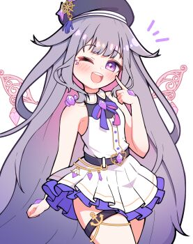 ! 1girl :d anchor_symbol bare_shoulders belt beret black_belt commentary dot_nose dress english_commentary gradient_hair hand_jewel hand_on_own_cheek hand_on_own_face hat heart highres hololive hololive_english koseki_bijou legband long_hair looking_at_viewer multicolored_hair one_eye_closed open_mouth pink_hair purple_eyes shutowl simple_background sleeveless sleeveless_dress smile solo teeth upper_teeth_only very_long_hair virtual_youtuber