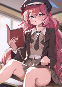 1girl absurdres alternate_costume blue_archive blue_halo book breasts brown_jacket brown_necktie brown_skirt brown_vest cetci grey_eyes hair_between_eyes halo highres holding holding_book iroha_(blue_archive) jacket long_hair looking_at_viewer necktie red_hair shirt skirt small_breasts solo thighs vest white_shirt