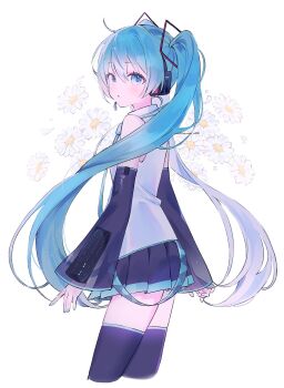 1girl ahoge black_skirt black_sleeves black_thighhighs blue_eyes blue_hair blue_necktie chamomile commentary_request cropped_legs detached_sleeves flower from_side hatsune_miku headset highres long_hair looking_at_viewer necktie parted_lips shirt sidelocks skirt sleeveless sleeveless_shirt solo syunmin_n000 thighhighs twitter_username very_long_hair vocaloid white_background white_flower white_shirt zettai_ryouiki