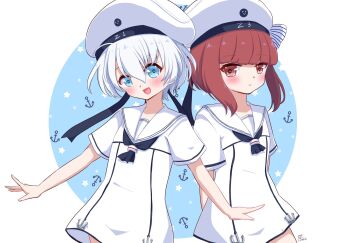 adapted_costume alternate_color anchor_symbol black_neckerchief blue_eyes brown_eyes brown_hair commentary_request dress hat highres kantai_collection neckerchief pirikara_spicy_tapioca sailor_collar sailor_dress sailor_hat short_hair sidelocks smile white_dress white_hair white_headwear white_sailor_collar z1_leberecht_maass_(kancolle) z3_max_schultz_(kancolle)