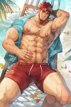 1boy abs arkapami arm_behind_head arm_out_of_sleeve armpit_hair bara bare_pectorals beard chinstrap_beard commentary commission dog_tags english_commentary facial_hair headband indie_virtual_youtuber large_pectorals male_focus male_swimwear multicolored_hair multiple_scars muscular muscular_male navel navel_hair nipples outdoors pectorals print_shirt red_hair red_male_swimwear ryuugen_drake scar scar_across_eye scar_on_face shirt short_hair solo streaked_hair swim_trunks two-tone_hair white_hair