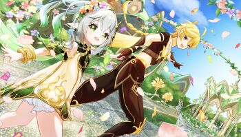 1boy 1girl :d aether_(genshin_impact) ahoge bare_shoulders black_gloves black_pants blonde_hair bloomers blue_flower bracelet commentary_request cross-shaped_pupils day detached_sleeves dress flower flower_wreath genshin_impact gloves gold_trim gradient_hair green_eyes green_hair green_sleeves hair_between_eyes hair_ornament han_(riyonosyumi) head_wreath highres holding_hands jewelry leaf_hair_ornament long_hair looking_at_viewer multicolored_hair nahida_(genshin_impact) open_mouth outdoors pants pointing pointy_ears red_flower side_ponytail sleeveless sleeveless_dress smile symbol-shaped_pupils teeth underwear upper_teeth_only very_long_hair white_bloomers white_dress white_hair
