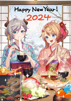 Rule 34 | 2024, 2girls, :3, :d, ahoge, artist collaboration, atelier (series), atelier resleriana, bare tree, bento, blue eyes, blue kimono, bowl, chopsticks, commentary request, eating, floral print, food, fruit, grey hair, hands up, happy new year, highres, holding, holding bowl, holding chopsticks, indoors, japanese clothes, kimono, long sleeves, mandarin orange, mochi, mochi trail, multiple girls, new year, obi, official alternate costume, official art, open mouth, osechi, own hands together, peach, pink kimono, plate, puni (atelier), resna sternenlicht, sash, second-party source, short hair, sliding doors, smile, snow, sparkle, starfruit, tokki, tree, umiu geso, upper body, valeria (atelier), wide sleeves, winter