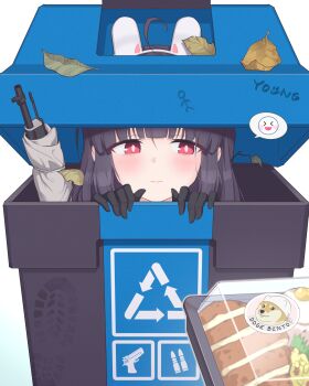 1girl absurdres ahoge animal_ears bento black_gloves black_hair blue_archive blush closed_mouth doge food gloves gun highres leaf long_hair miyu_(blue_archive) rabbit_ears red_eyes rifle simple_background trash_can twig weapon white_background y0ung
