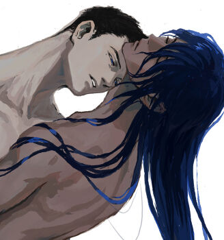 Rule 34 | 2boys, adam's apple, aidonotknow, black hair, blue eyes, blue hair, closed eyes, closed mouth, hair between eyes, hair focus, hair over face, hair over shoulder, hair strand focus, half-closed eyes, head back, implied after sex, legato bluesummers, long hair, looking at another, millions knives, multiple boys, neck, nude, open mouth, short hair, simple background, straight hair, trigun, trigun maximum, upper body, very long hair, very short hair, white background, yaoi