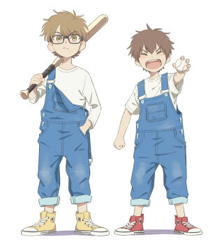2boys ace_of_diamond aged_down ball baseball baseball_bat blue_overalls brown_eyes brown_hair clenched_hand commentary_request converse dangomochi2 hand_in_pocket highres holding holding_ball male_focus miyuki_kazuya multiple_boys overalls red_shoes sawamura_eijun shirt shoes short_hair simple_background sneakers standing white_background white_shirt yellow_shoes